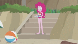 Size: 1280x720 | Tagged: safe, screencap, pinkie pie, human, equestria girls, equestria girls series, g4, too hot to handle, animated, barefoot, bouncing, clothes, eyes closed, falling, feet, female, kite, snow cone, solo, sound, swimsuit, umbrella, webm, youtube link