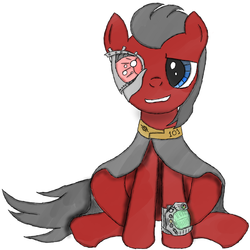 Size: 894x894 | Tagged: safe, artist:thestive19, oc, oc only, oc:red eye, cyborg, earth pony, pony, fallout equestria, cyber eyes, fallout, fanfic, fanfic art, grin, hooves, looking at you, male, pipbuck, sheepish grin, simple background, sitting, smiling, solo, stallion, white background