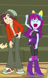 Size: 458x749 | Tagged: safe, screencap, mystery mint, normal norman, human, equestria girls, g4, my little pony equestria girls: friendship games, background human, bleachers, boots, bracelet, cheering, clothes, cropped, duo focus, eyes closed, female, fist in the air, hat, high heel boots, iphone, jacket, jewelry, looking at you, male, offscreen character, pants, pantyhose, right there in front of me, ripped pantyhose, scarf, shoes, skirt, smiling, sneakers