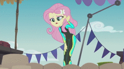 Size: 1280x720 | Tagged: safe, screencap, fluttershy, pinkie pie, human, equestria girls, g4, my little pony equestria girls: better together, too hot to handle, animated, clothes, female, fluttershy's wetsuit, geode of fauna, geode of sugar bombs, magical geodes, snow cone, sound, swimsuit, webm, wetsuit, youtube link