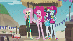 Size: 1280x720 | Tagged: safe, screencap, fluttershy, pinkie pie, rainbow dash, rarity, crab, human, equestria girls, g4, my little pony equestria girls: better together, too hot to handle, animated, barefoot, clothes, feet, female, flip-flops, geode of fauna, geode of shielding, geode of sugar bombs, geode of super speed, legs, magical geodes, snow cone, sound, swimming trunks, swimsuit, webm, wetsuit, youtube link