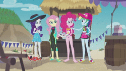 Size: 1280x720 | Tagged: safe, screencap, fluttershy, pinkie pie, rainbow dash, rarity, equestria girls, g4, my little pony equestria girls: better together, too hot to handle, animated, barefoot, clothes, feet, female, geode of fauna, geode of shielding, geode of sugar bombs, geode of super speed, magical geodes, snow cone, sound, swimsuit, talking, webm, youtube link