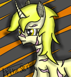 Size: 1100x1200 | Tagged: safe, artist:thestive19, oc, oc only, oc:goldenblood, pony, unicorn, fallout equestria, fallout equestria: project horizons, abstract background, bust, fanfic art, horn, male, portrait, scar, solo, stallion