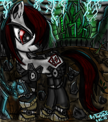 Size: 838x954 | Tagged: safe, artist:thestive19, oc, oc only, oc:blackjack, cyborg, pony, unicorn, fallout equestria, fallout equestria: project horizons, cutie mark, cyber legs, dead tree, fanfic, fanfic art, female, hooves, mare, raised hoof, solo, tree