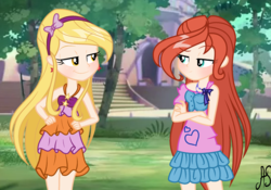 Size: 2109x1473 | Tagged: safe, artist:katnekobase, artist:sparkling-sunset-s08, human, equestria girls, g4, alfea, barely eqg related, base used, bloom (winx club), clothes, dress, ear piercing, earring, equestria girls style, equestria girls-ified, headband, jewelry, necklace, piercing, rainbow s.r.l, sleeveless, stella (winx club), winx club