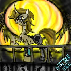 Size: 1500x1500 | Tagged: safe, artist:thestive19, oc, oc only, oc:goldenblood, cyborg, pony, unicorn, fallout equestria, fallout equestria: project horizons, abstract background, cyber legs, fanfic art, grin, hooves, horn, male, pipbuck, raised hoof, scar, signature, smiling, solo, stallion