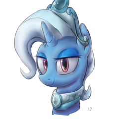 Size: 3000x3000 | Tagged: safe, artist:2387528112, trixie, pony, unicorn, g4, bust, crown, eyeshadow, female, high res, horn, jewelry, looking at you, makeup, mare, peytral, regalia, simple background, smiling, solo, white background