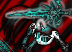 Size: 1024x741 | Tagged: safe, artist:thestive19, oc, oc only, oc:blackjack, cyborg, pony, unicorn, fallout equestria, fallout equestria: project horizons, abstract background, cutie mark, cyber legs, fanfic, fanfic art, female, floppy ears, frostmourne, glowing horn, grin, hooves, horn, levitation, magic, mare, signature, smiling, solo, sunglasses, sword, telekinesis, weapon