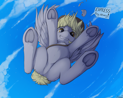 Size: 1280x1024 | Tagged: safe, artist:blackkaries, derpy hooves, pegasus, pony, g4, adorasexy, butt, cute, featureless crotch, female, frog (hoof), incoming, it's coming right at us, looking at you, low angle, mail, mare, plot, sexy, sky, smiling, solo, underhoof, wings