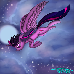 Size: 3000x3000 | Tagged: safe, artist:thestive19, twilight sparkle, alicorn, pony, g4, cloud, cutie mark, female, flying, full body, full moon, high res, hooves, horn, mare, moon, night, solo, spread wings, stars, twilight sparkle (alicorn), wings