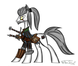 Size: 1024x870 | Tagged: safe, artist:thestive19, earth pony, pony, clothes, cutie mark, geralt of rivia, hooves, male, ponified, ponytail, scar, signature, simple background, solo, stallion, sword, the witcher, weapon, white background
