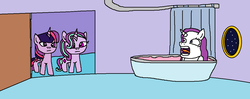 Size: 1261x499 | Tagged: safe, artist:logan jones, rarity, starlight glimmer, twilight sparkle, alicorn, pony, unicorn, g4, bath, bathroom, bathtub, blank stare, door, female, have you seen this snail?, interrupted, mare, night, screaming, shower curtain, spongebob squarepants, trio, trio female, twilight sparkle (alicorn), we don't normally wear clothes, wet mane, window, x drops by squidward's house