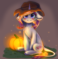Size: 2385x2440 | Tagged: safe, artist:falafeljake, oc, oc only, oc:strawberry sorbet, classical unicorn, firefly (insect), pony, unicorn, female, floppy ears, full body, halloween, hat, high res, holiday, horn, leonine tail, pumpkin, solo, unshorn fetlocks, ych result