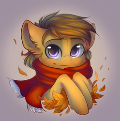 Size: 971x980 | Tagged: safe, artist:falafeljake, oc, oc only, oc:lionheart, pony, autumn, autumn leaves, blushing, bust, clothes, cute, gradient background, leaves, male, scarf, simple background, solo, stallion, ych result