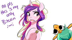 Size: 1280x720 | Tagged: safe, artist:sugarberry, princess cadance, snails, pony, g4, ask-cadance, bitcoin, colt, cryptocurrency, duo, female, foal, male, mare