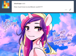 Size: 1280x943 | Tagged: safe, artist:sugarberry, princess cadance, alicorn, pony, g4, ask, ask-cadance, bitcoin, cryptocurrency, female, mare, solo, tumblr