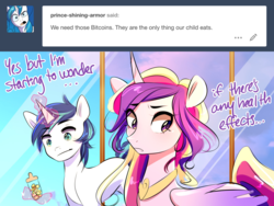 Size: 1280x960 | Tagged: safe, artist:sugarberry, princess cadance, shining armor, pony, g4, ask, ask-cadance, bitcoin, bottle, cryptocurrency, duo, glowing horn, horn, magic, telekinesis, tumblr