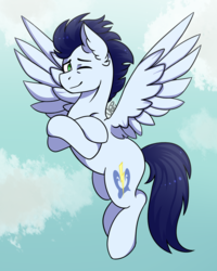 Size: 800x1000 | Tagged: safe, artist:vale-bandicoot96, soarin', pegasus, pony, g4, flying, male, one eye closed, smiling, solo, stallion, wink