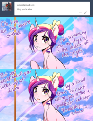 Size: 1280x1679 | Tagged: safe, artist:sugarberry, princess cadance, alicorn, pony, g4, alternate hairstyle, ask, ask-cadance, female, hair bun, mare, solo, tumblr