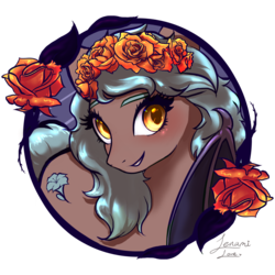 Size: 1500x1500 | Tagged: safe, artist:lenamilove, oc, oc only, oc:moon bloom, bat pony, pony, bat pony oc, bat wings, commission, digital art, female, flower, flower in hair, frame, mare, simple background, smiling, solo, transparent background, wings, ych result