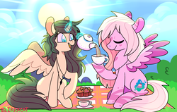 Size: 2200x1400 | Tagged: safe, artist:1racat, oc, oc only, oc:hanalea, oc:rebecca, alicorn, pegasus, pony, alicorn oc, commission, cup, digital art, duo, eyes closed, female, food, jewelry, magic, mare, muffin, necklace, open mouth, picnic, picnic blanket, signature, sitting, smiling, sun, tea, teacup, telekinesis, ych result