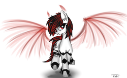 Size: 2900x1800 | Tagged: safe, artist:radinance, artist:thestive19, oc, oc only, oc:blackjack, cyborg, demon, pony, unicorn, fallout equestria, fallout equestria: project horizons, amputee, cutie mark, cyber legs, cybernetic legs, devil horns, ear fluff, ethereal wings, fanfic, fanfic art, female, grin, hooves, horn, mare, simple background, smiling, solo, spread wings, white background, wings