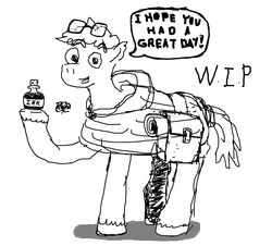 Size: 1015x916 | Tagged: safe, artist:tuc-kaan, oc, oc only, oc:tuckerarterson, pony, black and white, cloak, clothes, glasses, grayscale, happy, ink, monochrome, ms paint, paint, saddle bag, sketch, solo, wip