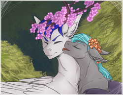 Size: 615x477 | Tagged: safe, artist:mecaw, oc, oc only, oc:moon bloom, unnamed oc, bat pony, pegasus, pony, bambi, bat pony oc, bat wings, commission, digital art, duo, ear fluff, eyes closed, face licking, female, flower, flower in hair, folded wings, grimace, licking, male, mare, stallion, tongue out, wings, ych result