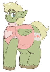 Size: 448x646 | Tagged: safe, artist:cottoncloudy, oc, oc only, oc:matcha mellow, pegasus, pony, chubby, clothes, ear piercing, earring, fat, freckles, jewelry, male, piercing, stallion, sweater