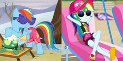 Size: 2494x1247 | Tagged: safe, edit, edited screencap, screencap, rainbow dash, tank, equestria girls, g4, lost and found, my little pony equestria girls: better together, tanks for the memories, clothes, comparison, crossed legs, feet, flip-flops, geode of super speed, magical geodes, relaxing, sandals, sexy, sunglasses, swimming trunks, swimsuit, winter swimsuit