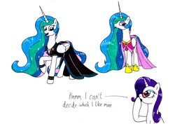 Size: 3495x2468 | Tagged: safe, artist:killerteddybear94, princess celestia, rarity, alicorn, pony, unicorn, g4, :p, beautiful, clothes, comparison, cute, cutelestia, dialogue, dress, duo, eyeshadow, female, glasses, high res, indecisive, jewelry, lidded eyes, makeup, mare, multicolored mane, multicolored tail, necklace, open mouth, rarity's glasses, sillestia, silly, tongue out, traditional art, wristband