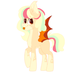 Size: 1942x1876 | Tagged: safe, artist:shinystarrs, oc, oc only, oc:caramel nibbles, bat pony, pony, bat pony oc, blaze (coat marking), coat markings, facial markings, female, mare, pale belly, raised hoof, simple background, solo, tongue out, transparent background, ych result