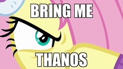 Size: 1280x720 | Tagged: safe, edit, edited screencap, screencap, fluttershy, pony, g4, my little pony best gift ever, angry, avengers, avengers: infinity war, badass, crossover, female, flutterbadass, image macro, infinity war, marvel, marvel cinematic universe, meme, parody, reference, solo, text, thanos, this will end in death, this will end with half of equestria dying, thor