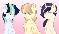 Size: 1400x800 | Tagged: safe, artist:sweetpieee, oc, oc only, oc:annie breeze, oc:lucia, oc:starlight sparkle, pegasus, pony, unicorn, female, magical lesbian spawn, mare, offspring, parent:applejack, parent:big macintosh, parent:fluttershy, parent:rainbow dash, parent:rarity, parent:twilight sparkle, parents:fluttermac, parents:rarijack, parents:twidash