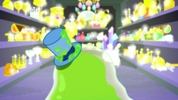 Size: 1440x810 | Tagged: safe, screencap, smooze, g4, make new friends but keep discord, crown, crystal, goblet, gold, hat, jewelry, male, regalia, slime, solo, sparkles, this will not end well, top hat, treasure, treasure chest, treasure room