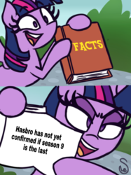 Size: 540x722 | Tagged: safe, artist:quarium edits, twilight sparkle, alicorn, pony, g4, my little pony: friendship is magic, season 9, book, ed edd n eddy, end of ponies, exploitable meme, facts, female, harsher in hindsight, inaccurate, meme, sad in hindsight, solo, twilight sparkle (alicorn), twilight's fact book