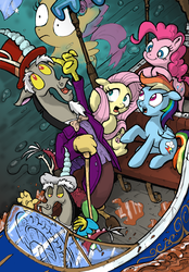 Size: 1701x2445 | Tagged: safe, artist:yewdee, discord, fluttershy, pinkie pie, rainbow dash, scootaloo, draconequus, earth pony, pegasus, pony, g4, boat, butcher knife, chocolate, chocolate river, clothes, female, food, hat, male, mare, oblivious, roald dahl, scootachicken, suit, top hat, tunnel, willy wonka, willy wonka and the chocolate factory