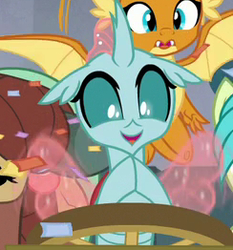 Size: 244x262 | Tagged: safe, screencap, ocellus, smolder, yona, changedling, changeling, dragon, g4, school daze, cropped, cute, diaocelles, dragoness, female, offscreen character, picture for breezies, smiling, solo focus, wings
