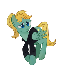 Size: 1627x1913 | Tagged: safe, artist:mellowhen, oc, oc only, oc:sunny hymn, pegasus, pony, fallout equestria, fallout equestria: red 36, clothes, fanfic art, female, looking at someone, ponytail, shirt, simple background, smiling, solo, transparent background
