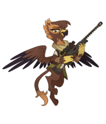 Size: 1627x1913 | Tagged: safe, artist:mellowhen, oc, oc only, oc:gabriela hawkins, griffon, fallout equestria, fallout equestria: red 36, annoyed, bandolier, clothes, fanfic art, female, flying, gun, pouch, rifle, scarf, simple background, sniper, sniper rifle, solo, transparent background, vest, weapon