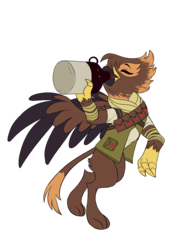 Size: 2480x3507 | Tagged: safe, artist:mellowhen, oc, oc only, oc:gabriela hawkins, griffon, fallout equestria, fallout equestria: red 36, alcohol, bandolier, clothes, drinking, drunk, fanfic art, female, high res, moonshine, ncr, pouch, scarf, simple background, solo, stumbling, transparent background, vest