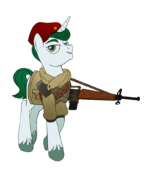 Size: 1627x1913 | Tagged: safe, artist:mellowhen, oc, oc only, oc:alabaster (fallout equestria: red 36), pony, unicorn, fallout equestria, fallout equestria: red 36, bandolier, beret, fanfic art, gun, hat, lidded eyes, male, ncr, new canterlot army, new canterlot republic, rifle, simple background, solo, transparent background, weapon