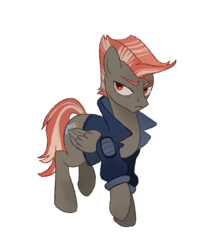 Size: 1627x1913 | Tagged: safe, artist:mellowhen, oc, oc only, oc:hotshot, pegasus, pony, fallout equestria, fallout equestria: red 36, clothes, fanfic art, frown, jacket, looking at something, male, mohawk, simple background, solo, stallion, transparent background