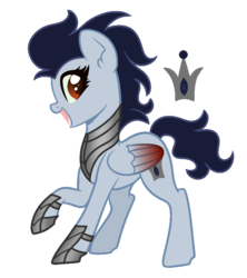 Size: 800x900 | Tagged: safe, artist:lullabyprince, artist:palerose522, oc, oc only, oc:captain dark crystal, pegasus, pony, armor, base used, colored wings, female, hoof shoes, mare, open mouth, raised hoof, simple background, solo, transparent background