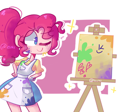 Size: 1280x1152 | Tagged: safe, artist:zuki, pinkie pie, equestria girls, g4, clothes, cute, female, hand on hip, heart, one eye closed, paint, ponytail, shirt, skirt, smiling, solo, wink