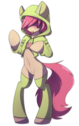 Size: 1783x2842 | Tagged: safe, artist:rileyisherehide, fluttershy, semi-anthro, g4, :p, arm hooves, blushing, butterscotch, clothes, femboy, hoodie, male, open-chest hoodie, pubic fluff, rule 63, silly, simple background, socks, solo, standing, sweater, thigh highs, tongue out, transparent background