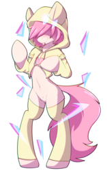 Size: 1783x2842 | Tagged: safe, artist:rileyisherehide, fluttershy, semi-anthro, g4, :p, arm hooves, blushing, butterscotch, clothes, femboy, hoodie, male, open-chest hoodie, pubic fluff, rule 63, silly, simple background, socks, solo, standing, sweater, thigh highs, tongue out, transparent background