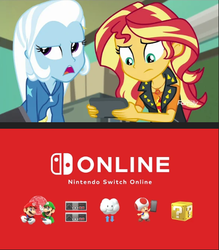 Size: 473x540 | Tagged: safe, edit, sunset shimmer, trixie, equestria girls, equestria girls specials, g4, my little pony equestria girls: better together, my little pony equestria girls: forgotten friendship, luigi, male, mario, nintendo, nintendo entertainment system, nintendo switch, nintendo switch online, toad (mario bros)