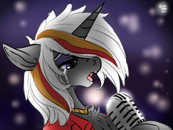 Size: 1600x1200 | Tagged: safe, artist:brainiac, derpibooru exclusive, oc, oc only, oc:velvet remedy, pony, unicorn, fallout equestria, brainiacs sketchbook (set), chest fluff, fallout, fanfic, fanfic art, female, hooves, horn, mare, microphone, open mouth, sketch, solo, teeth, wasteland wailers