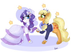 Size: 2280x1691 | Tagged: safe, artist:opossum-stuff, applejack, rarity, earth pony, pony, unicorn, g4, alternate hairstyle, beautiful, blushing, clothes, crown, cute, cutie mark, daaaaaaaaaaaw, dress, ear piercing, earring, female, freckles, holding hooves, jackabetes, jacket, jewelry, lesbian, looking at each other, love, mare, marriage, missing accessory, piercing, pretty, raribetes, regalia, ship:rarijack, shipping, sidemouth, simple background, wedding, wedding dress, white background